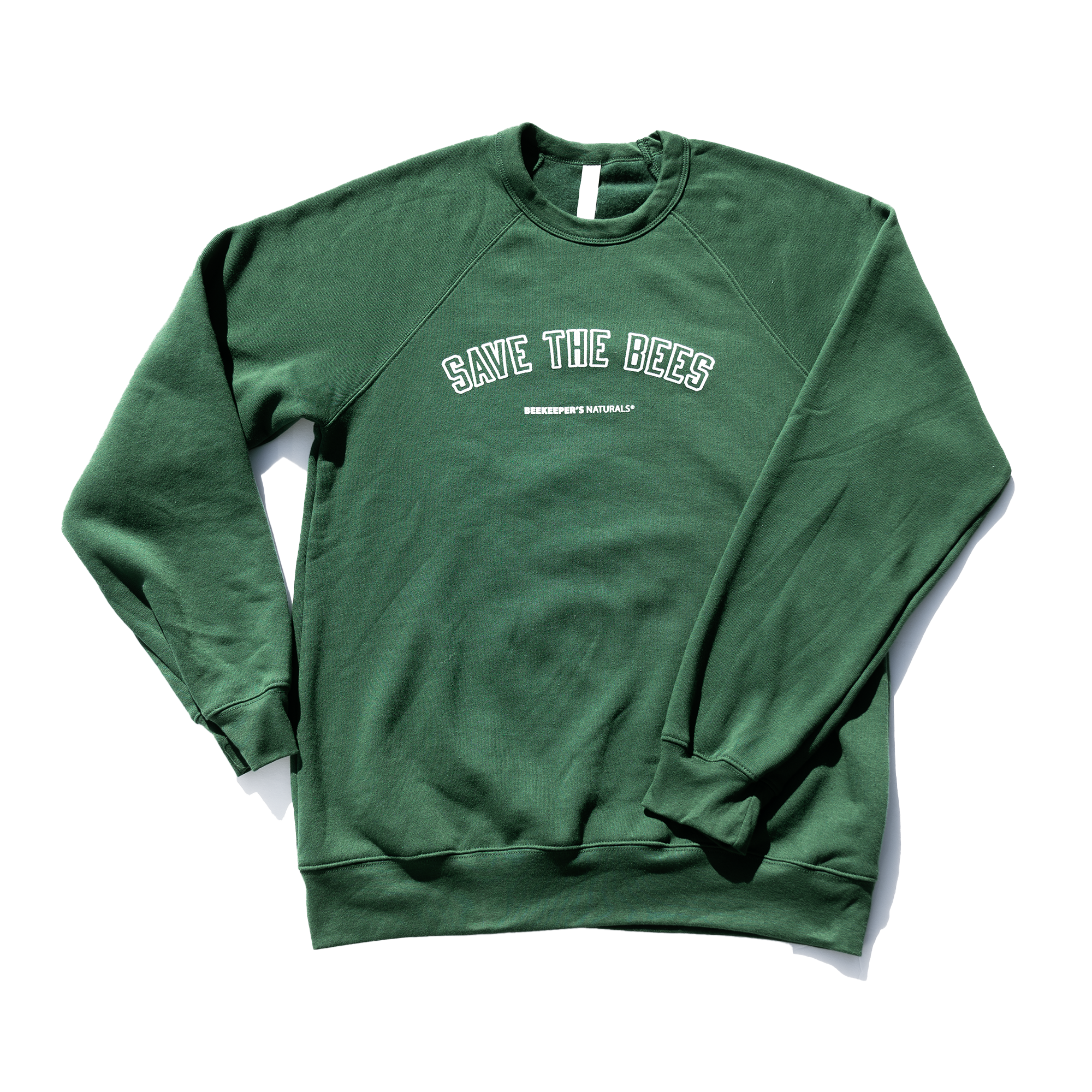 Promotional shot of the "Save The Bees Crew" sweatshirt, Junior Varsity Edition. Graphic text reads: "SAVE THE BEES,