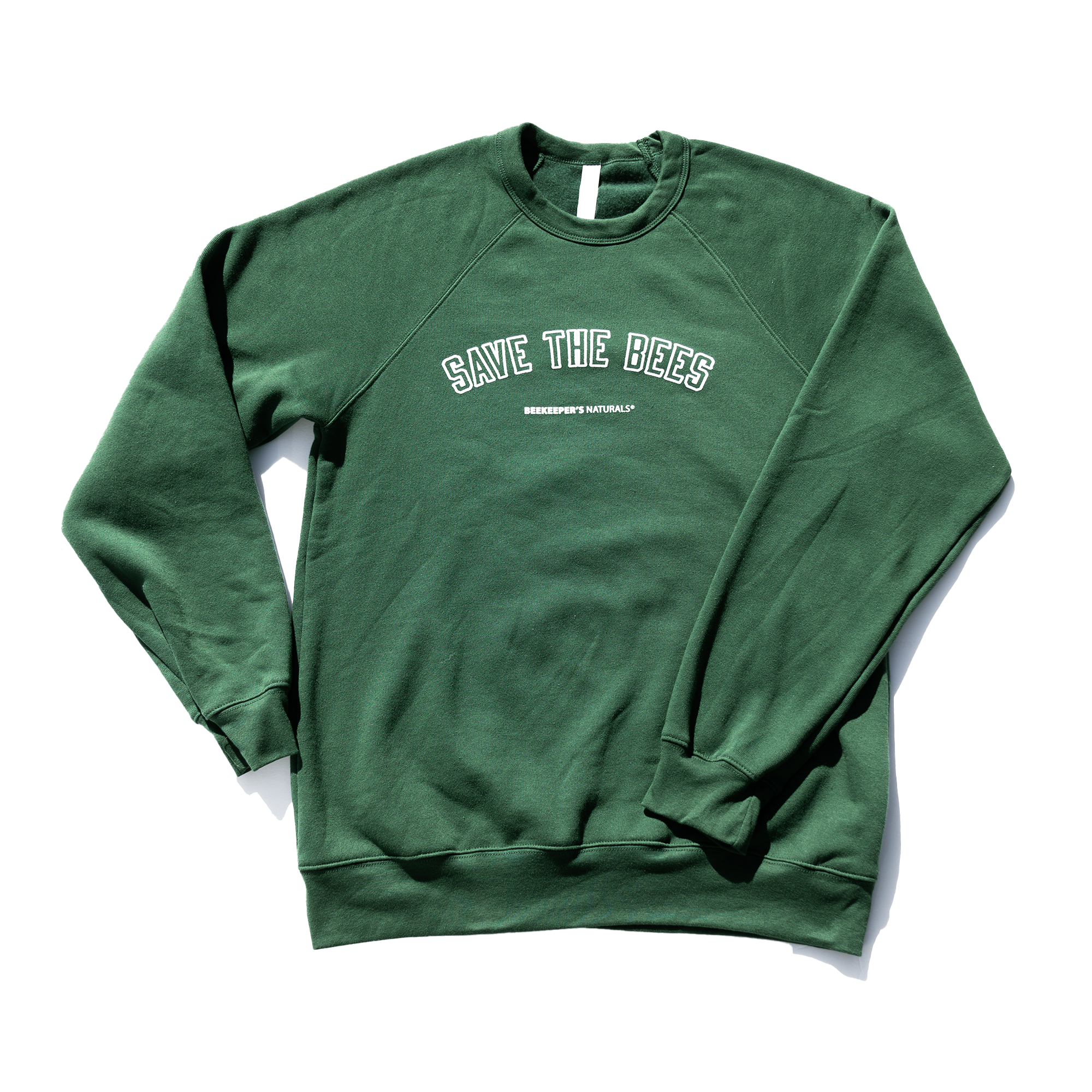Promotional shot of the "Save The Bees Crew" sweatshirt, Junior Varsity Edition. Graphic text reads: "SAVE THE BEES,