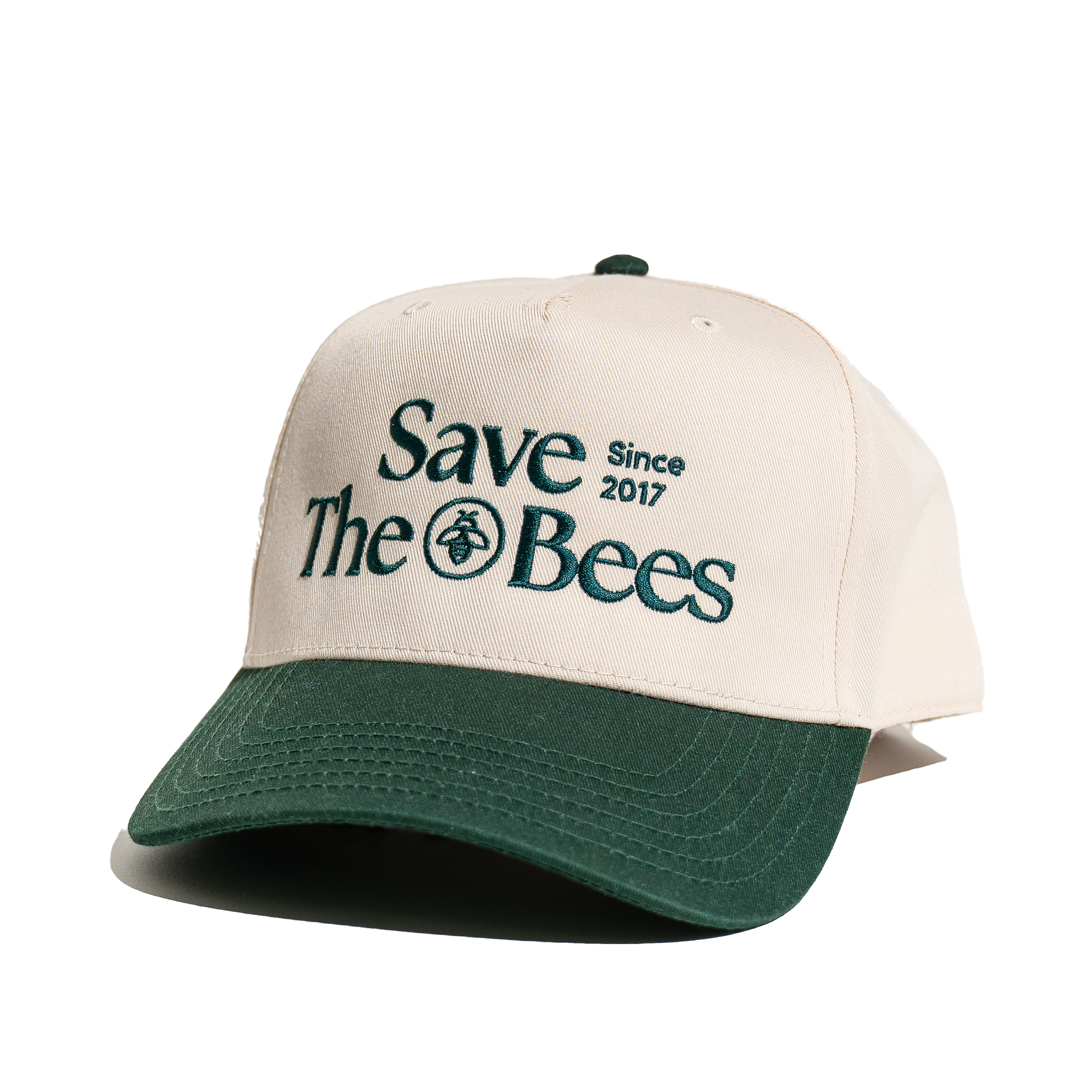 "Save The Bees" Trucker Hat promoting bee conservation; embroidered logo with the text "Save The Bees Since 2017".