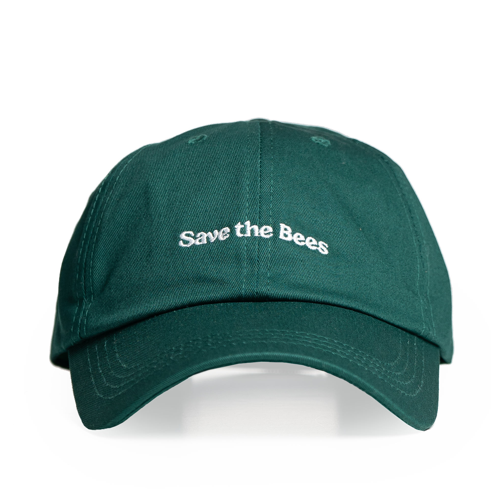 Green cap with 'Save the Bees' text on a white background