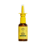 Bottle of nasal spray with yellow nozzle and label on a white background