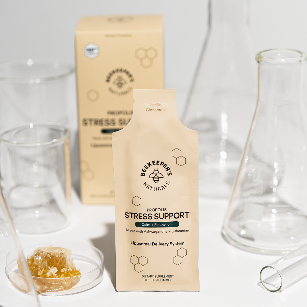 Propolis Stress Support packet featuring Beekeeper's Naturals. Calm & Relaxation with Ashwagandha + L-theanine in vanilla