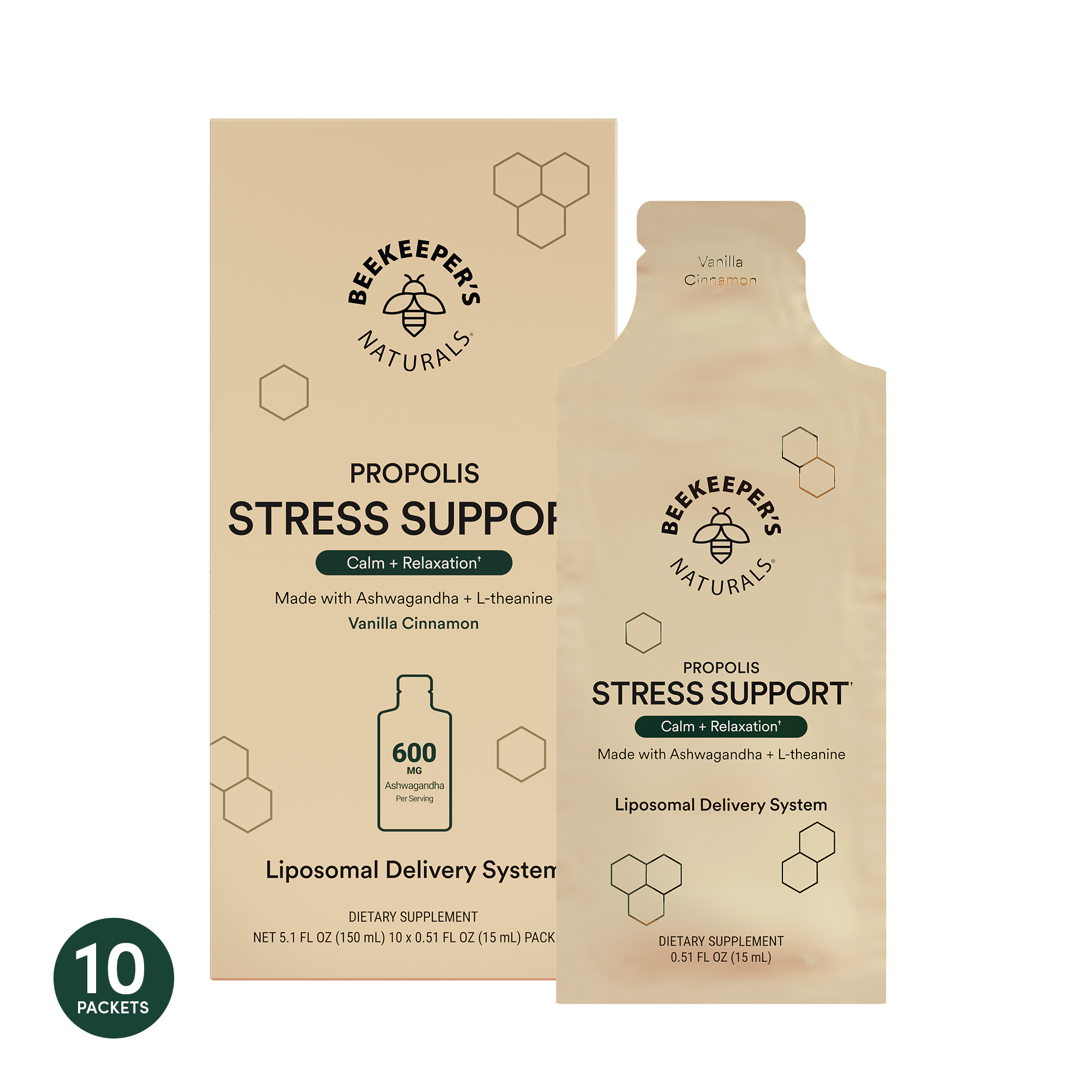 Propolis Stress Support box & single packet. "Calm + Relaxation" with Ashwagandha + L-theanine. Contains 600mg Ashwagandha