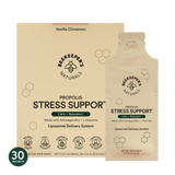 Packaging for Beekeeper's Naturals Propolis Stress Support Liposomal, featuring a box and a sachet with a vanilla cinnamon flavor, and 30 packets included.