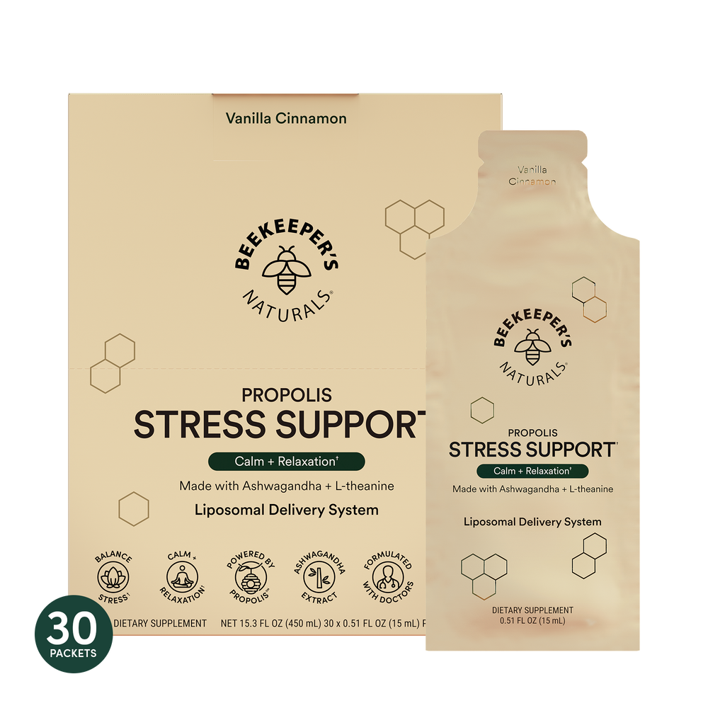 Packaging for Beekeeper's Naturals Propolis Stress Support Liposomal, featuring a box and a sachet with a vanilla cinnamon flavor, and 30 packets included.