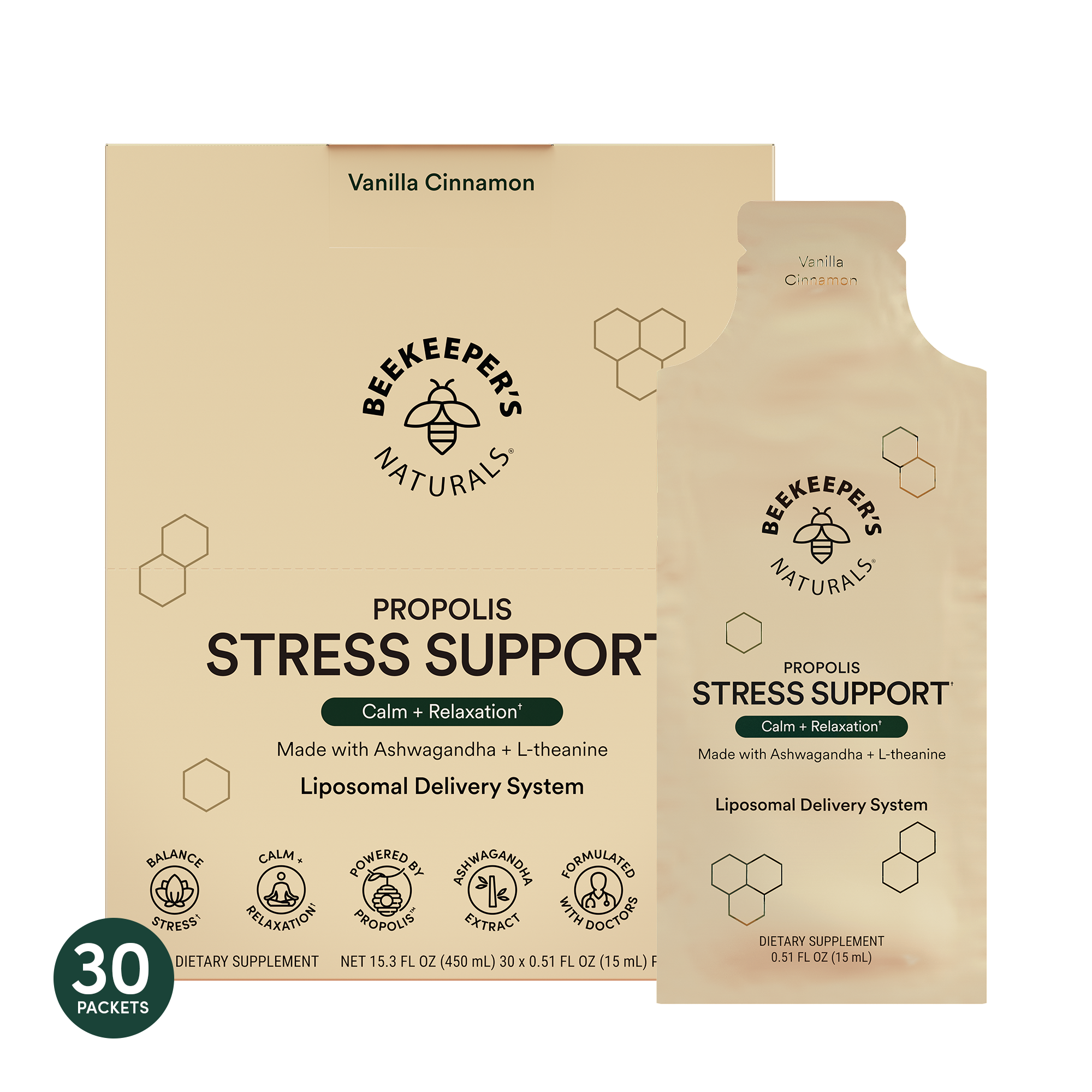 Packaging for Beekeeper's Naturals Propolis Stress Support Liposomal, featuring a box and a sachet with a vanilla cinnamon flavor, and 30 packets included.
