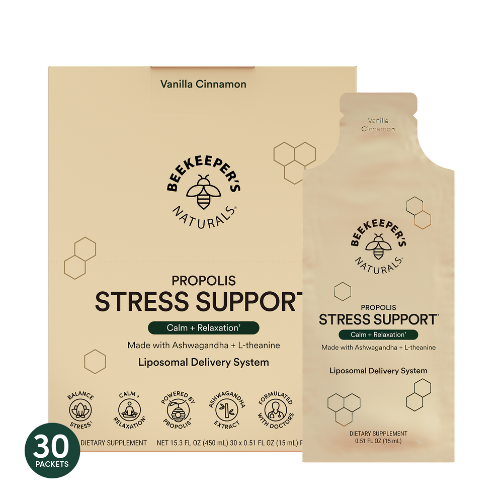 Propolis Stress Support Liposomal box and single packet. "Calm + Relaxation" with Ashwagandha & L-theanine. Dietary
