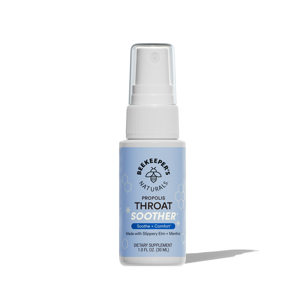 Beekeeper's Naturals Propolis Throat Soother bottle on a clear background