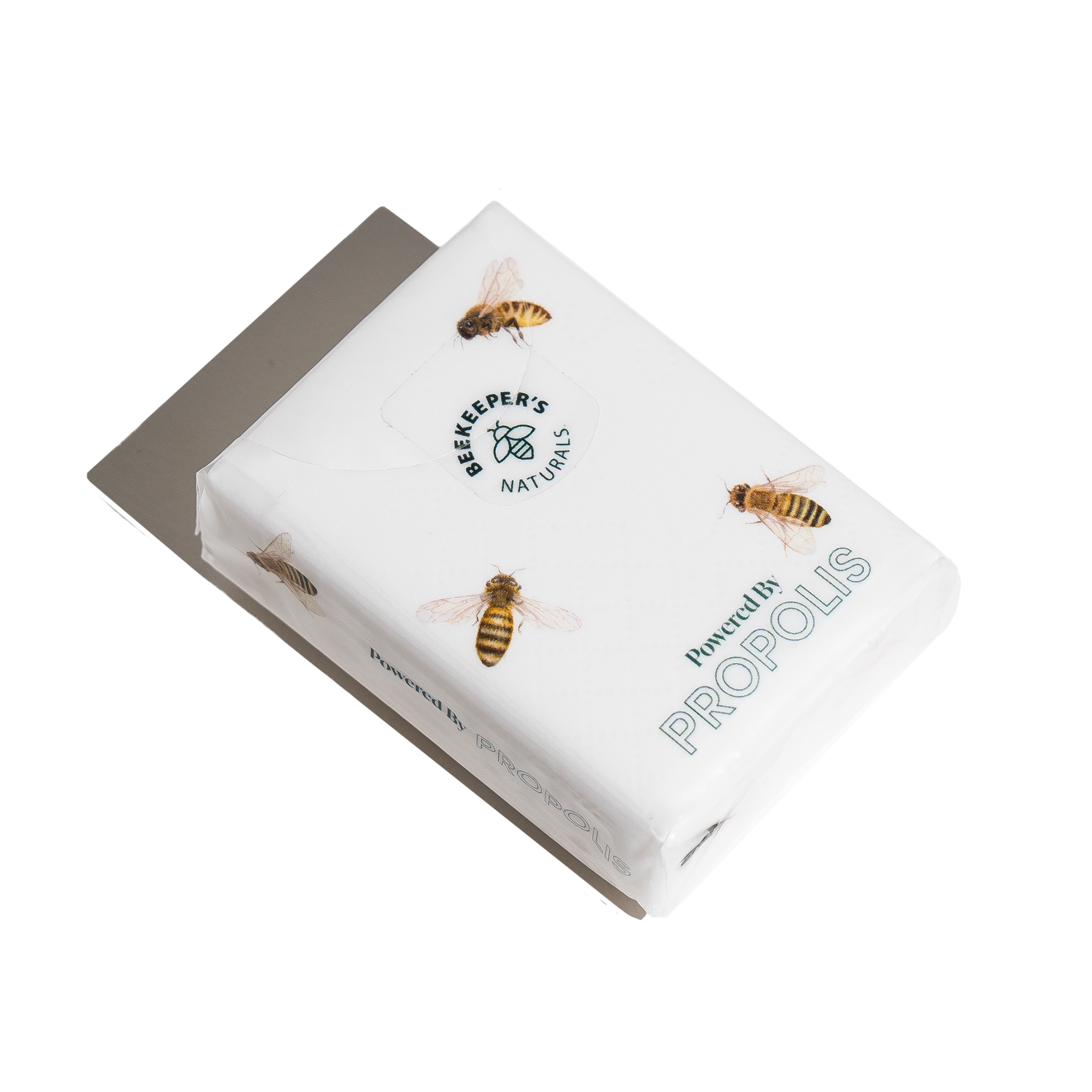 Beekeeper's Naturals propolis tissue packet. On-package text: "Powered By Propolis", "Beekeeper's Naturals".