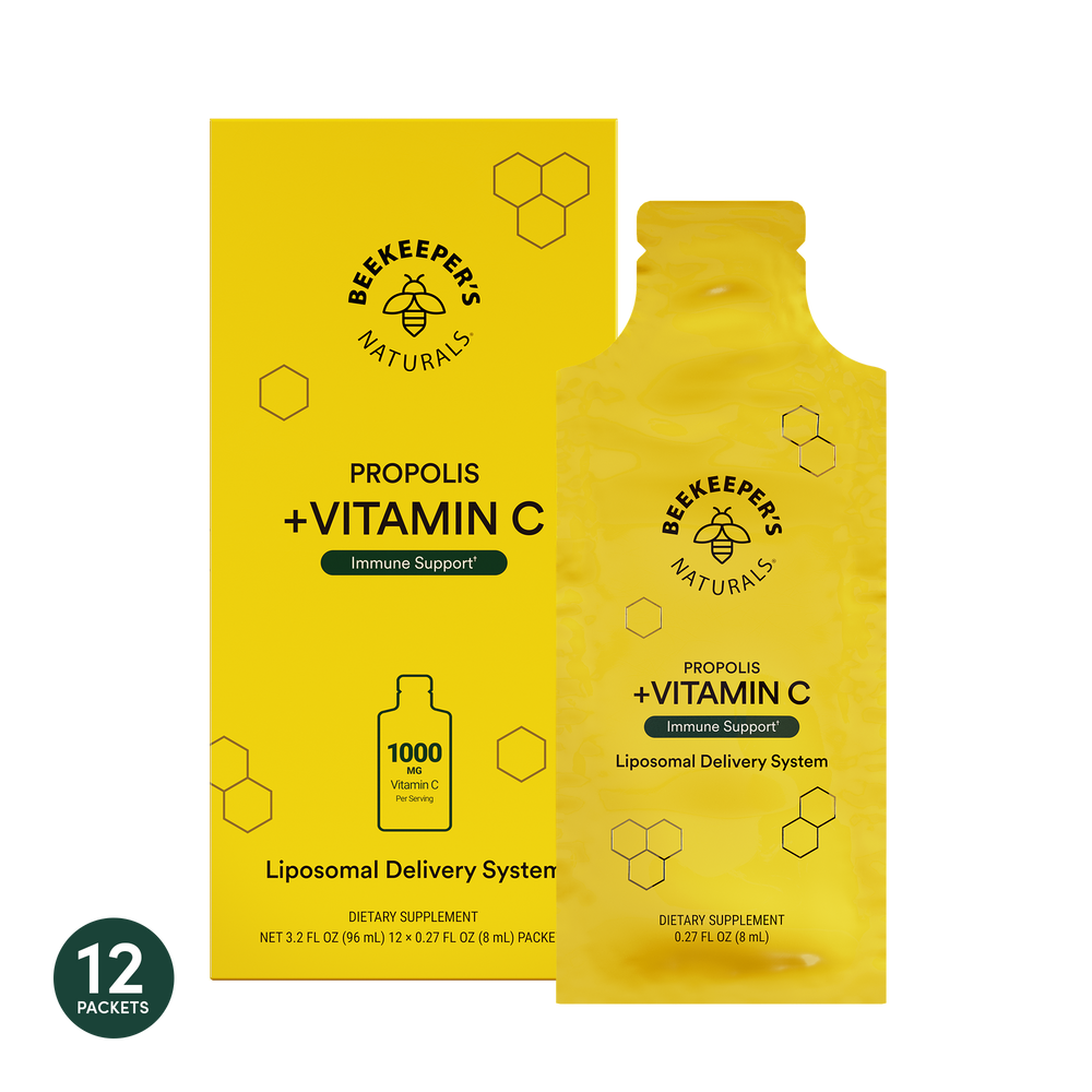 The image shows a yellow packaging for Beekeeper's Naturals Propolis + Vitamin C liposomal supplement, including 12 sachets.