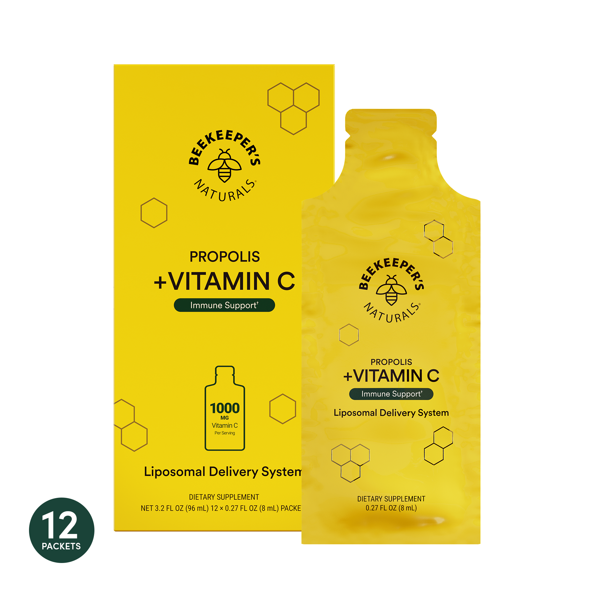 The image shows a yellow packaging for Beekeeper's Naturals Propolis + Vitamin C liposomal supplement, including 12 sachets.