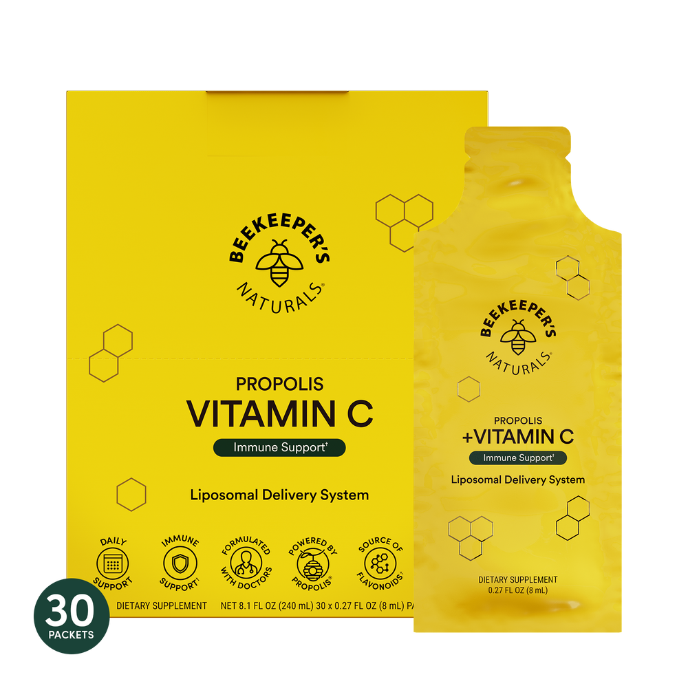 A product image featuring a yellow box and a sachet of Beekeeper's Naturals Propolis Vitamin C liposomal supplement with 30 packets, immune support, liposomal delivery system.