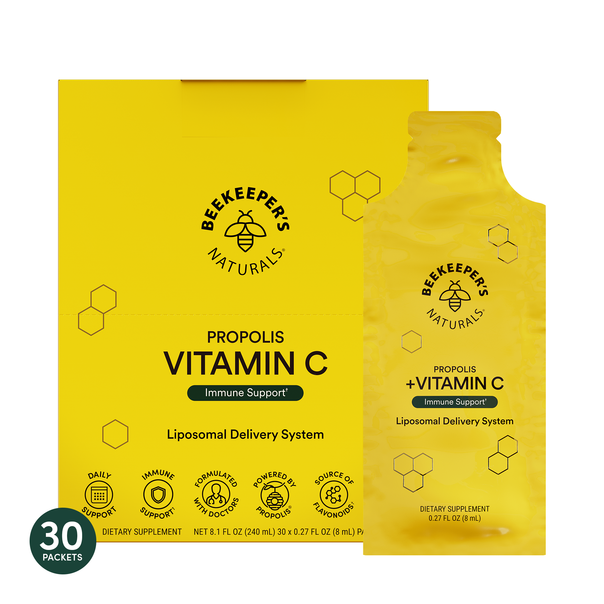 A product image featuring a yellow box and a sachet of Beekeeper's Naturals Propolis Vitamin C liposomal supplement with 30 packets, immune support, liposomal delivery system.