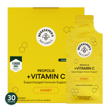Beekeeper's Naturals Propolis + Vitamin C supplement packets on a white background