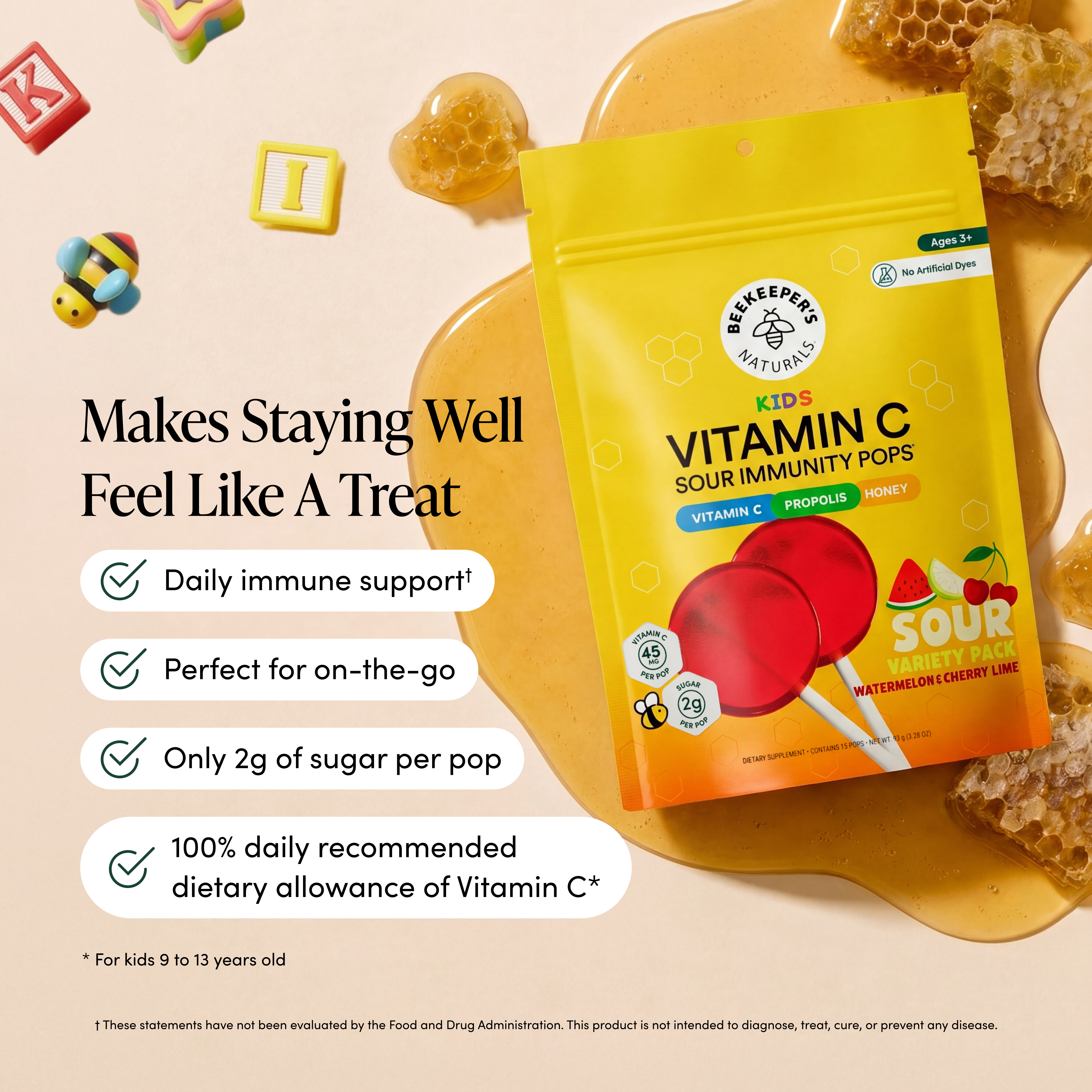 Bekeerers Naturals Kids Vitamin C Sour Immunity Pops packaging with honeycomb and honey on a beige background