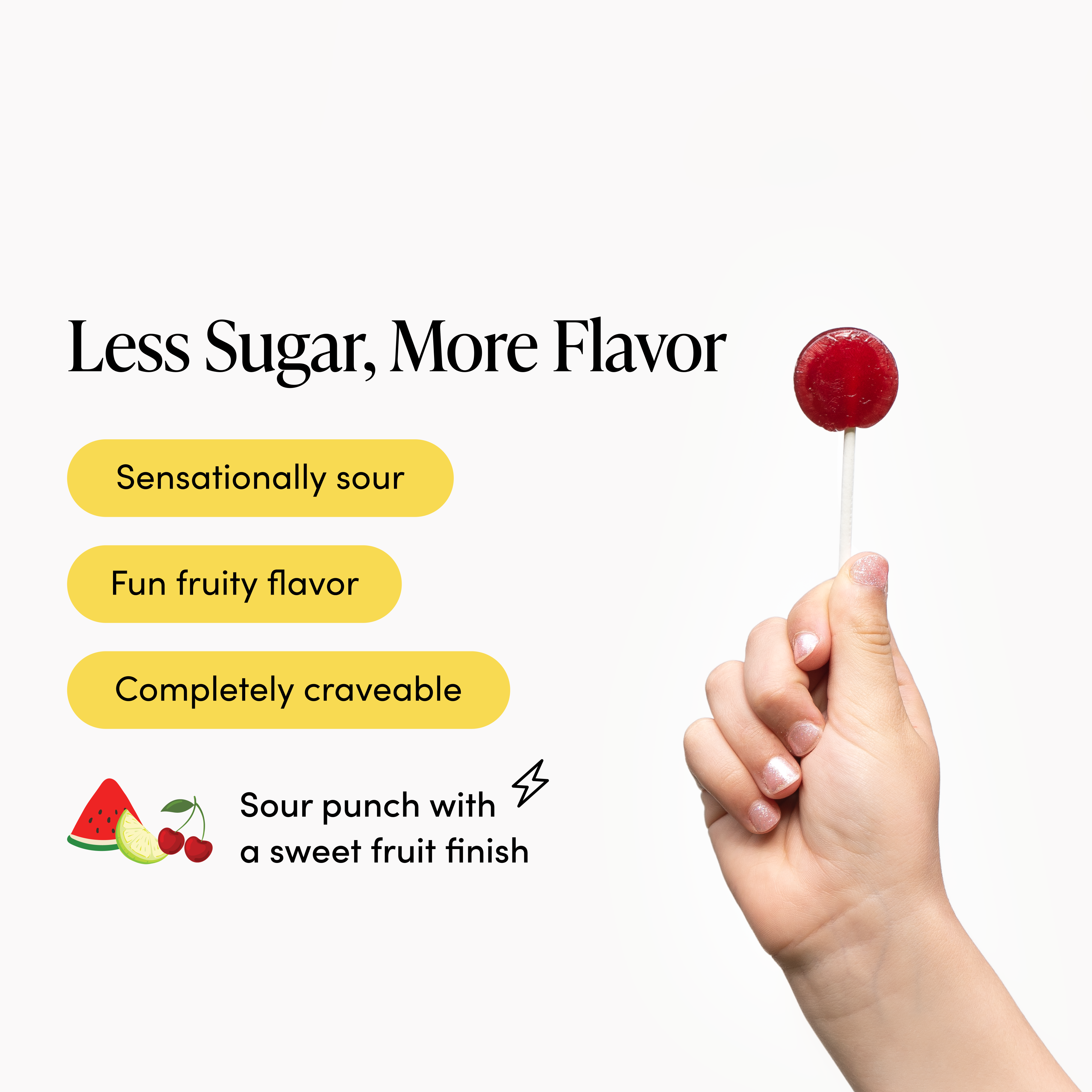 Hand holding a red lollipop with text about flavor and sugar content on a white background