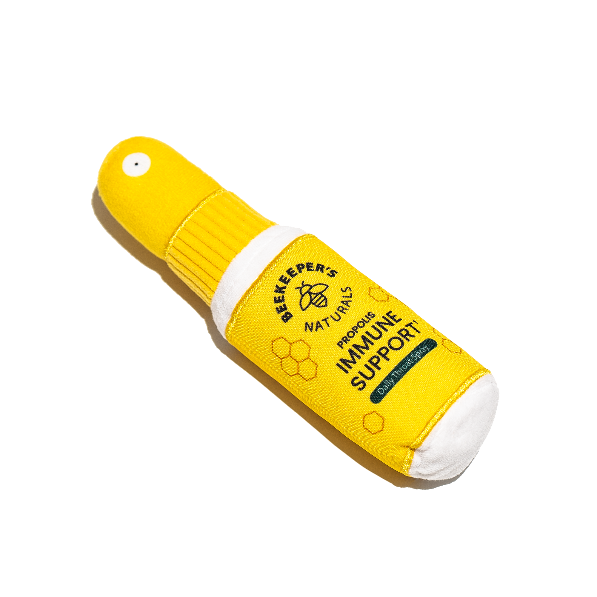 Dog toy shaped like Beekeeper's Naturals propolis immune support throat spray. Unique plush toy for pets.