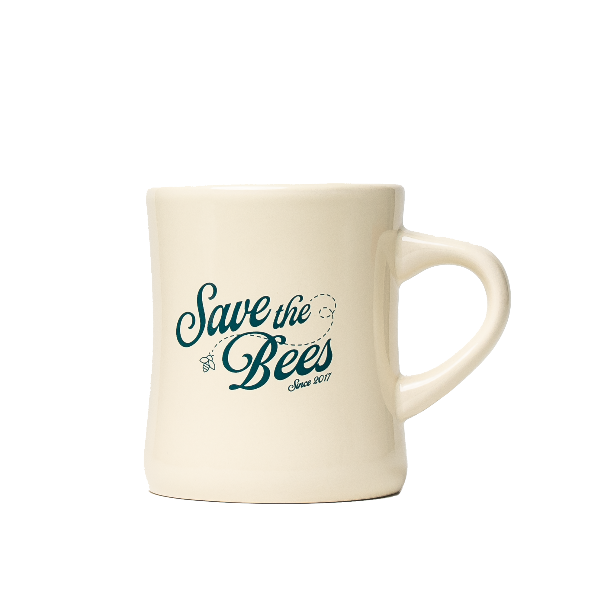 Three-quarter view of cream diner mug showcasing green Save the Bees script on transparent background
