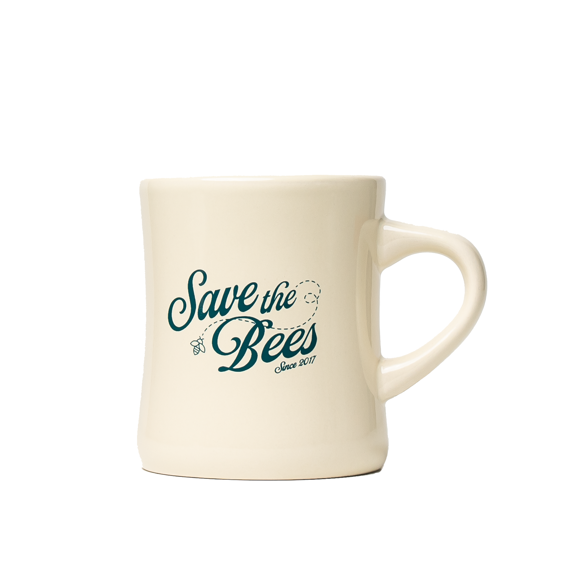 Close-up of a BKN Diner Mug promoting bee conservation with "Save the Bees Since 2017" design.