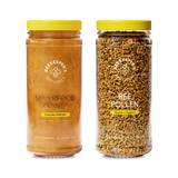 Front view of Superfood Duo showing Superfood Honey jar and Bee Pollen jar on white background