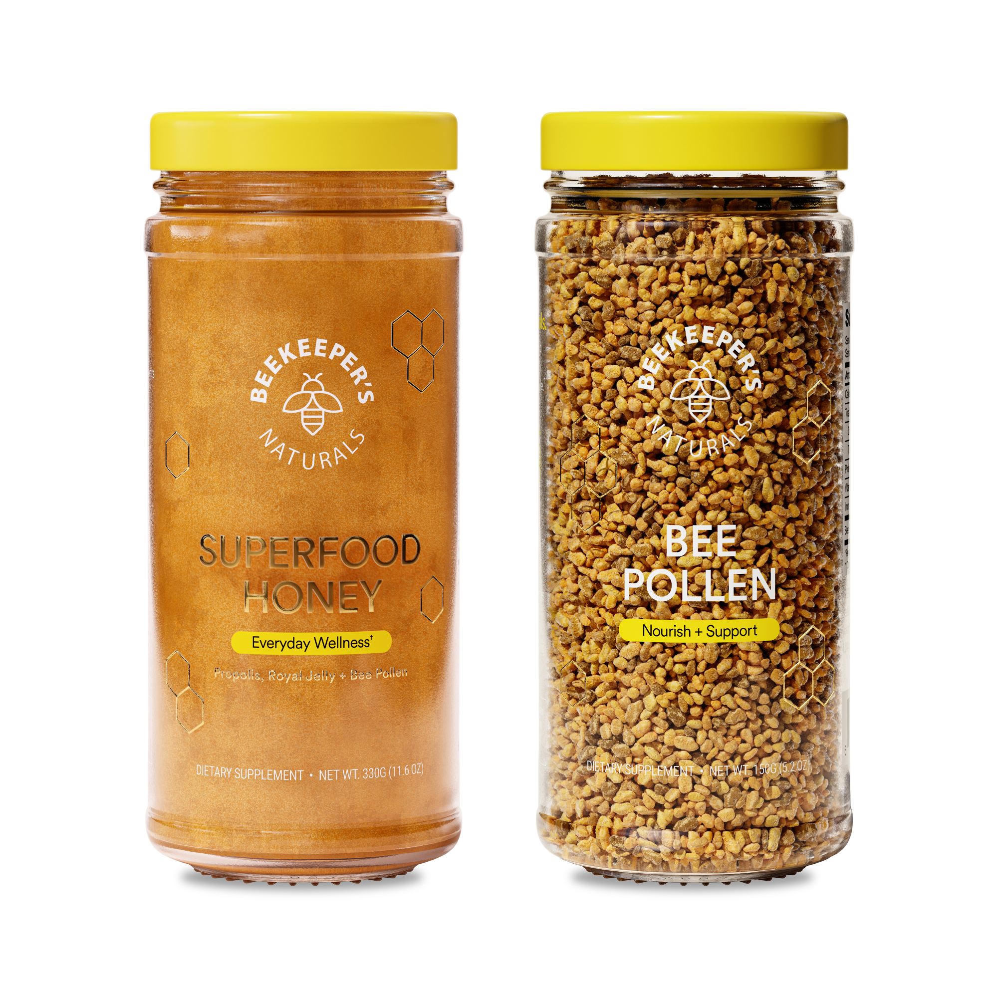 Front view of Superfood Duo showing Superfood Honey jar and Bee Pollen jar on white background