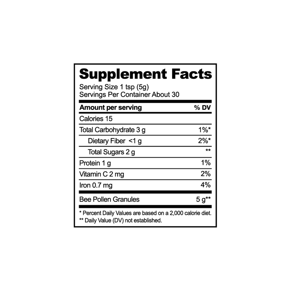 Bee pollen supplement facts label: nutritional information, ingredients, serving size, and daily values (DV) breakdown.