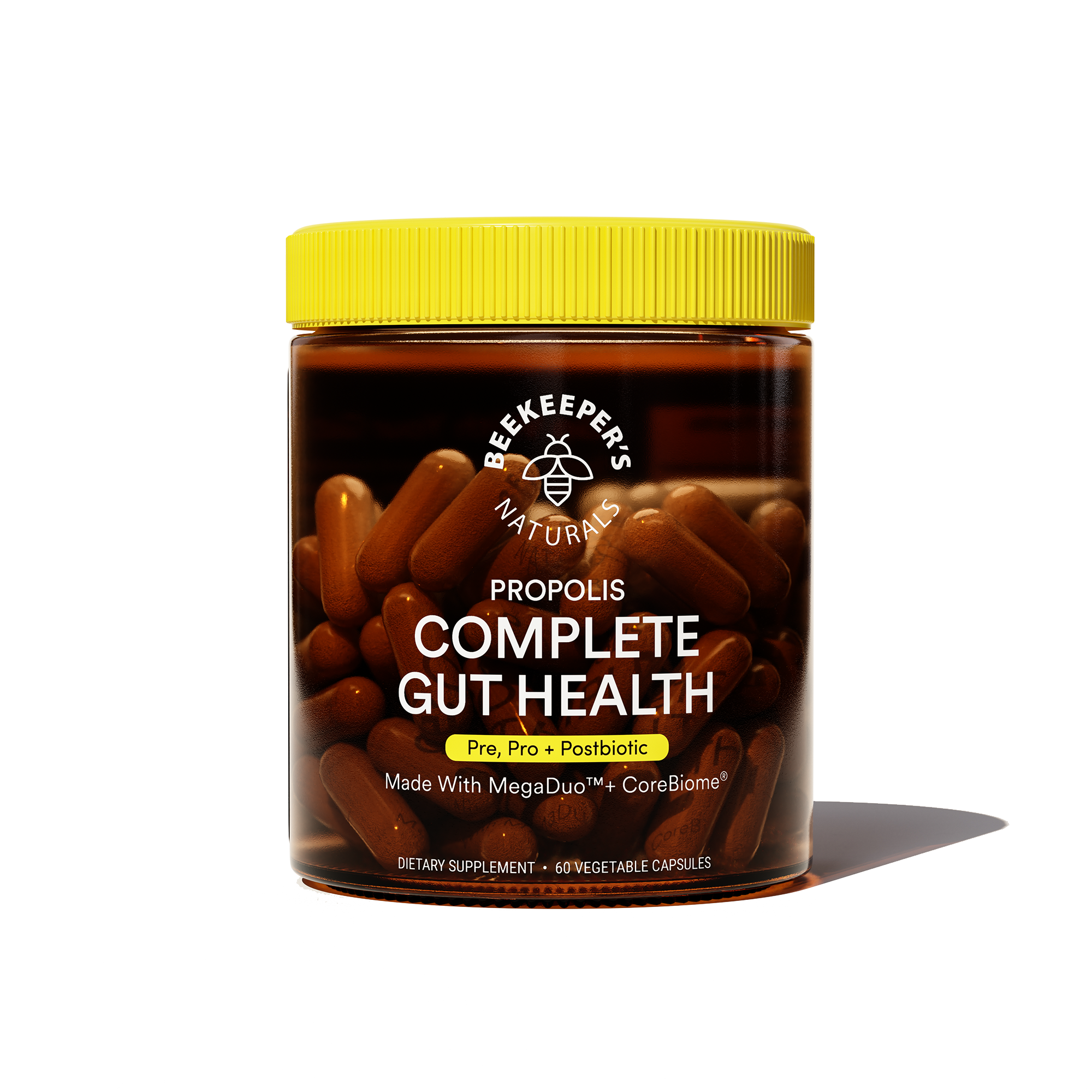 A jar of Beekeeper's Naturals Propolis Complete Gut Health supplements with capsules visible through the glass. The label is black and yellow with product information.