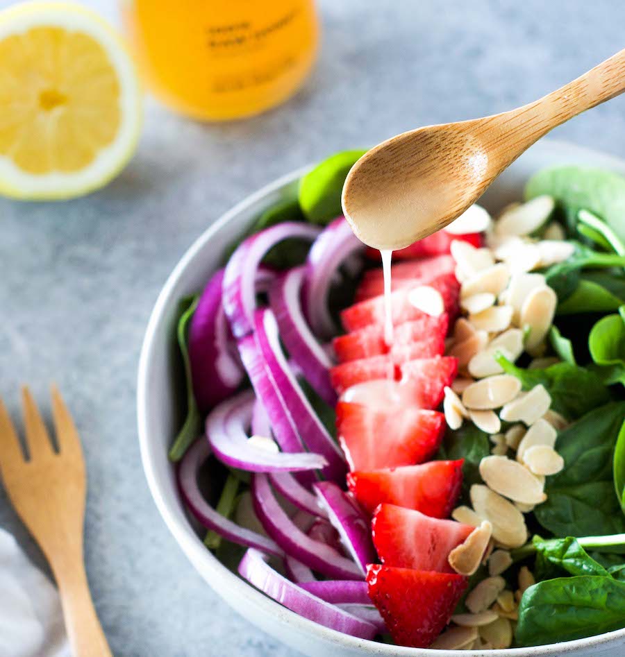 Strawberry Almond Salad with Honey Lemon Garlic Vinaigrette
