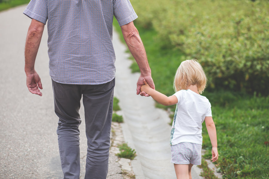 Older man holding a young child's hand walking along a neighborhood sidewalk, seen from behind