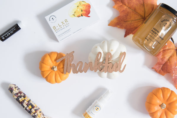 Beekeeper's Naturals honey jar and lip balm with small pumpkins, decorative corn, and a wooden Thankful sign on a white background