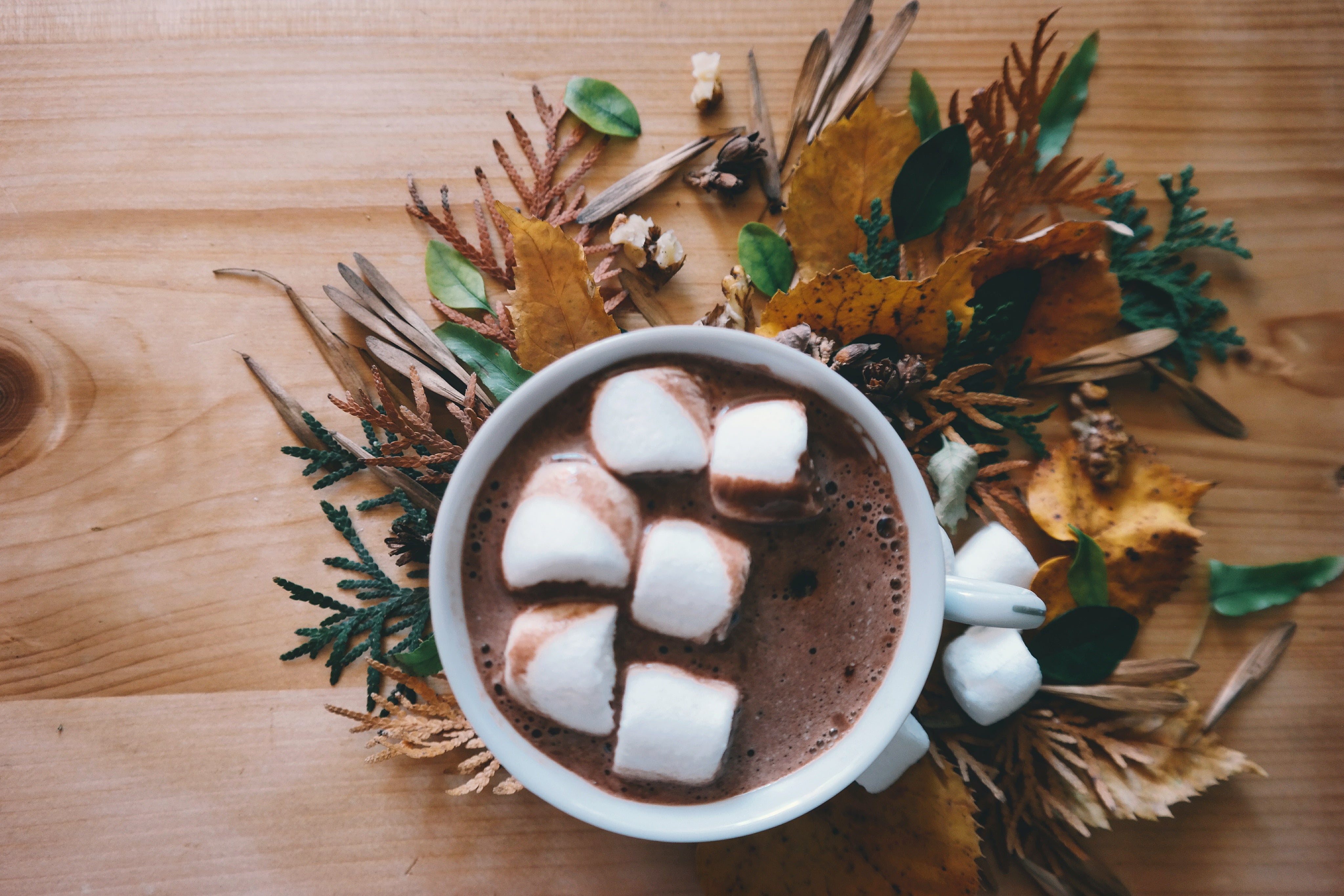Overhead view of a mug of hot chocolate topped with marshmallows on a wooden table surrounded by autumn leaves and greenery
