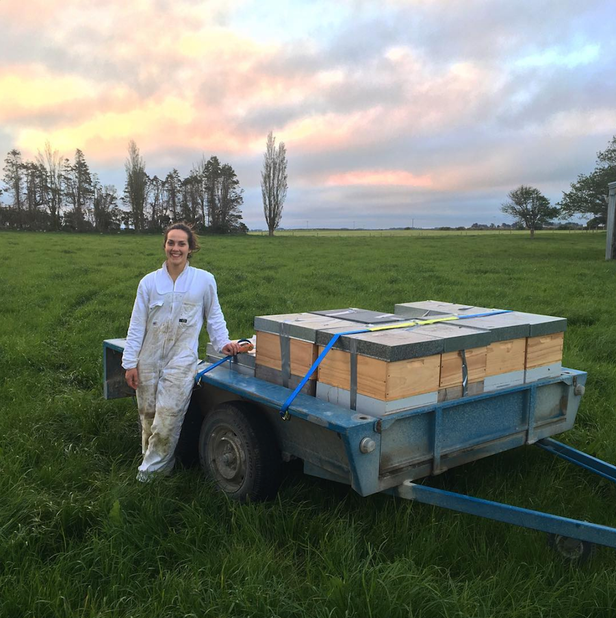 Beekeeper in a white suit standing beside a trailer loaded with wooden beehives in a grassy field at sunset