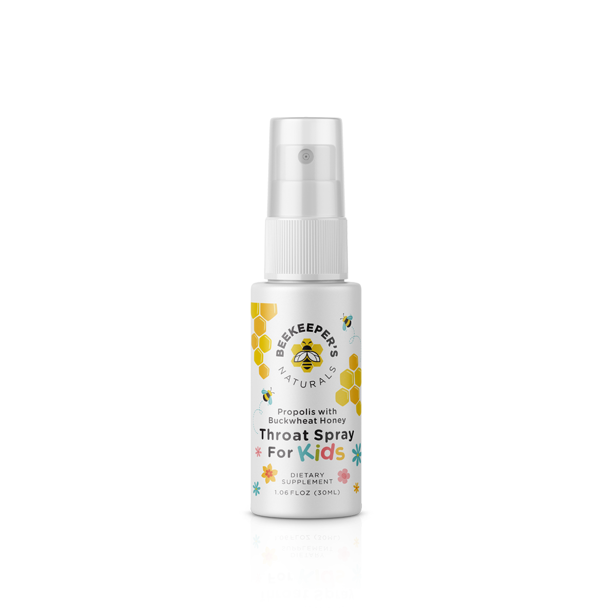 Front view of Throat Spray for Kids bottle, 1.06 fl oz, showing label with honeycomb and bee on white background