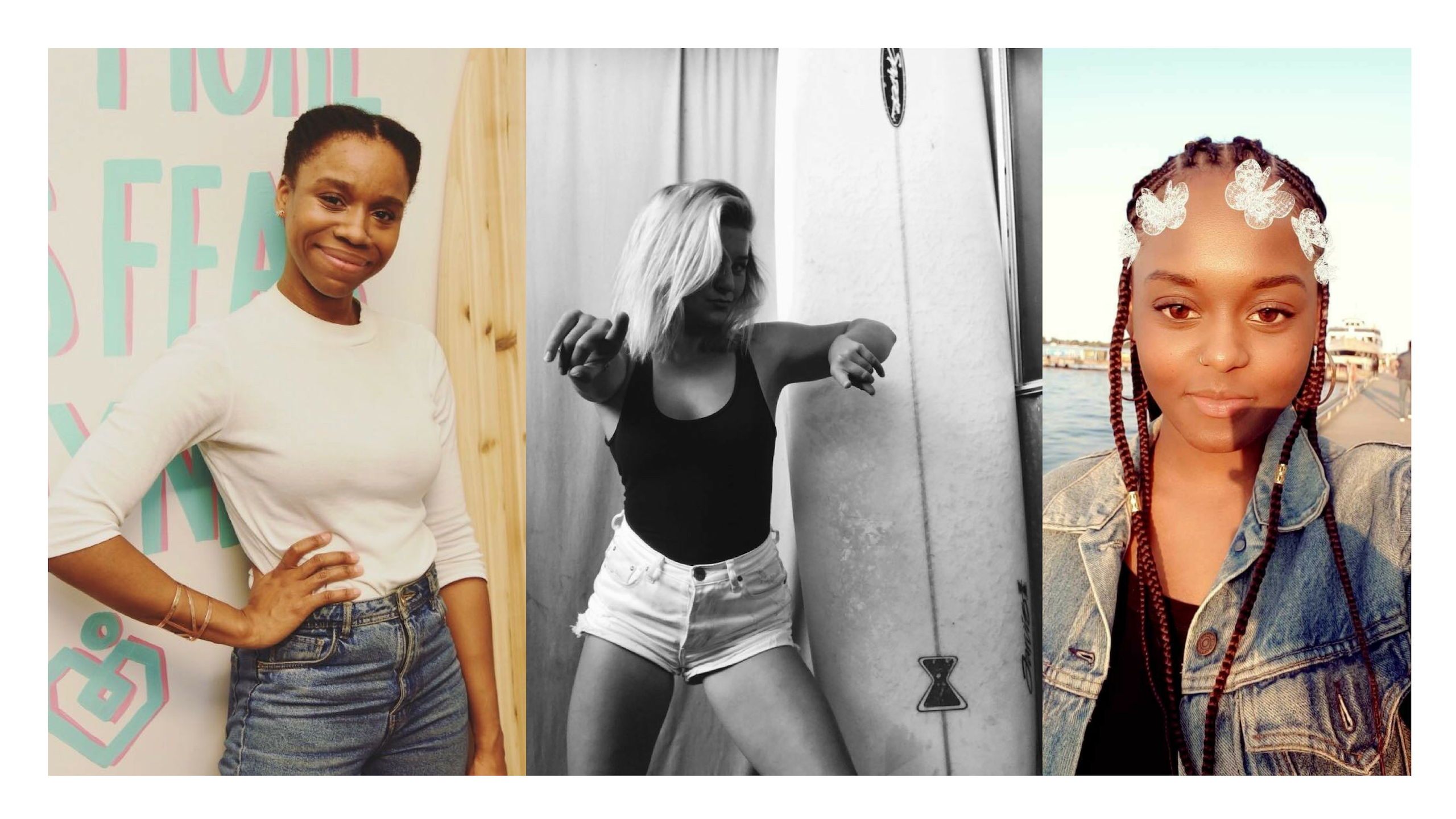 Three-photo collage: left woman smiling; center dancing by a surfboard (black-and-white); right selfie with braids and denim