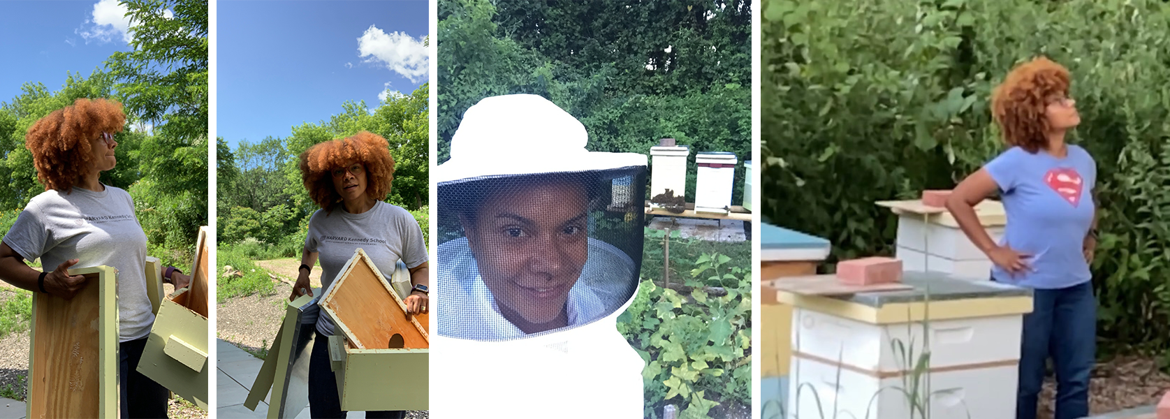 Beekeeper Sophia Lafargue tending white beehives outdoors, holding hive frames in some shots and a close-up of her wearing a protective veil