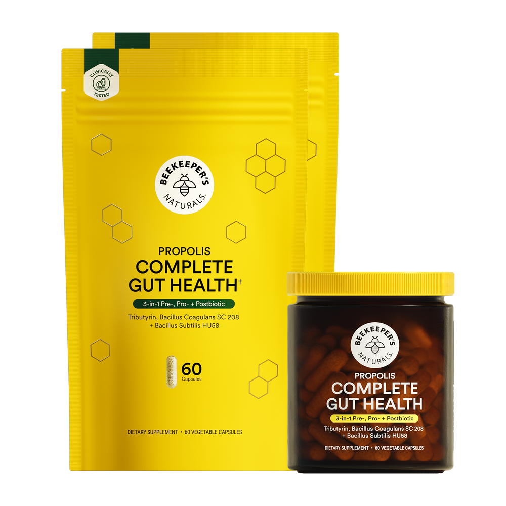 Beeskeeper's Naturals Propolis Complete Gut Health supplement packaging on a white background