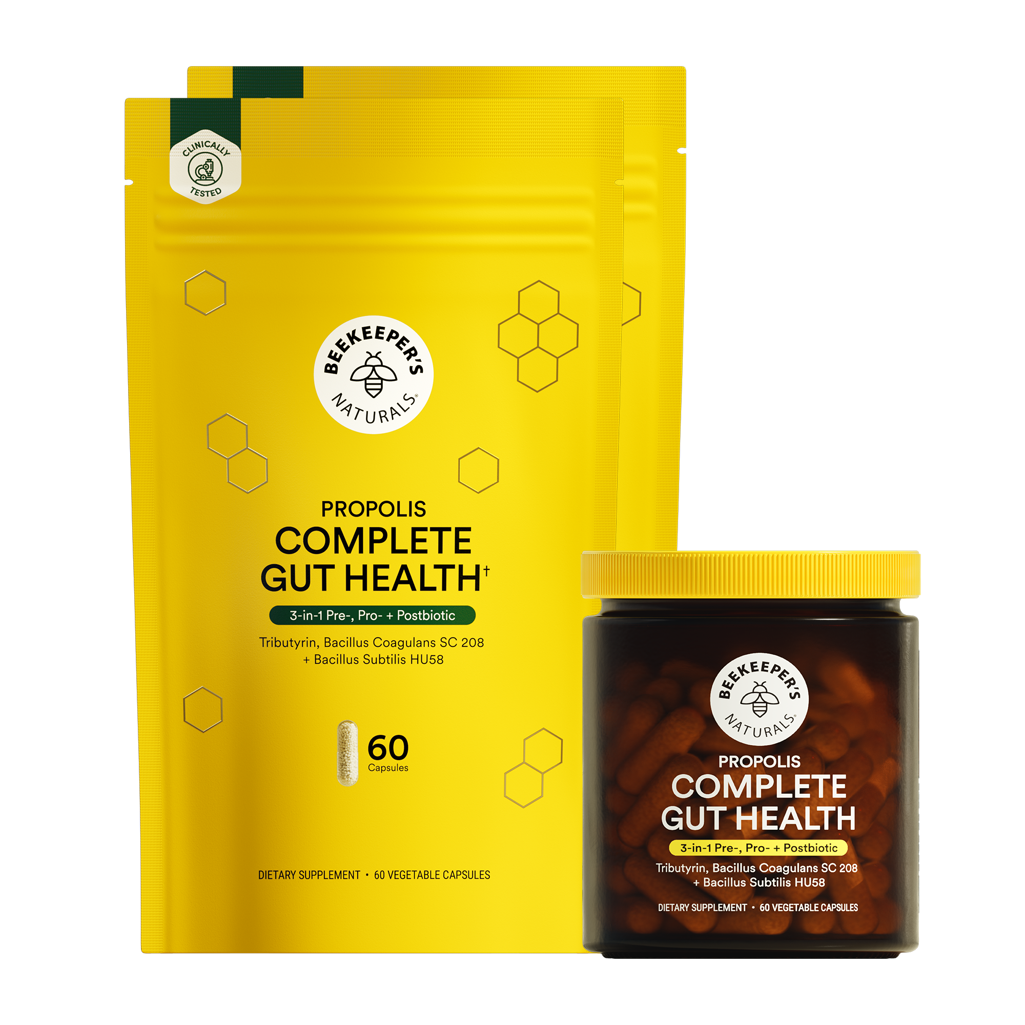 Beeskeeper's Naturals Propolis Complete Gut Health supplement packaging on a white background