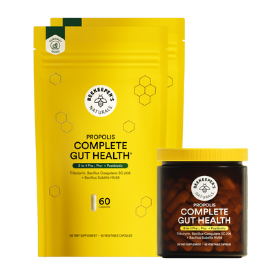 Beeskeeper's Naturals Propolis Complete Gut Health supplement packaging on a white background
