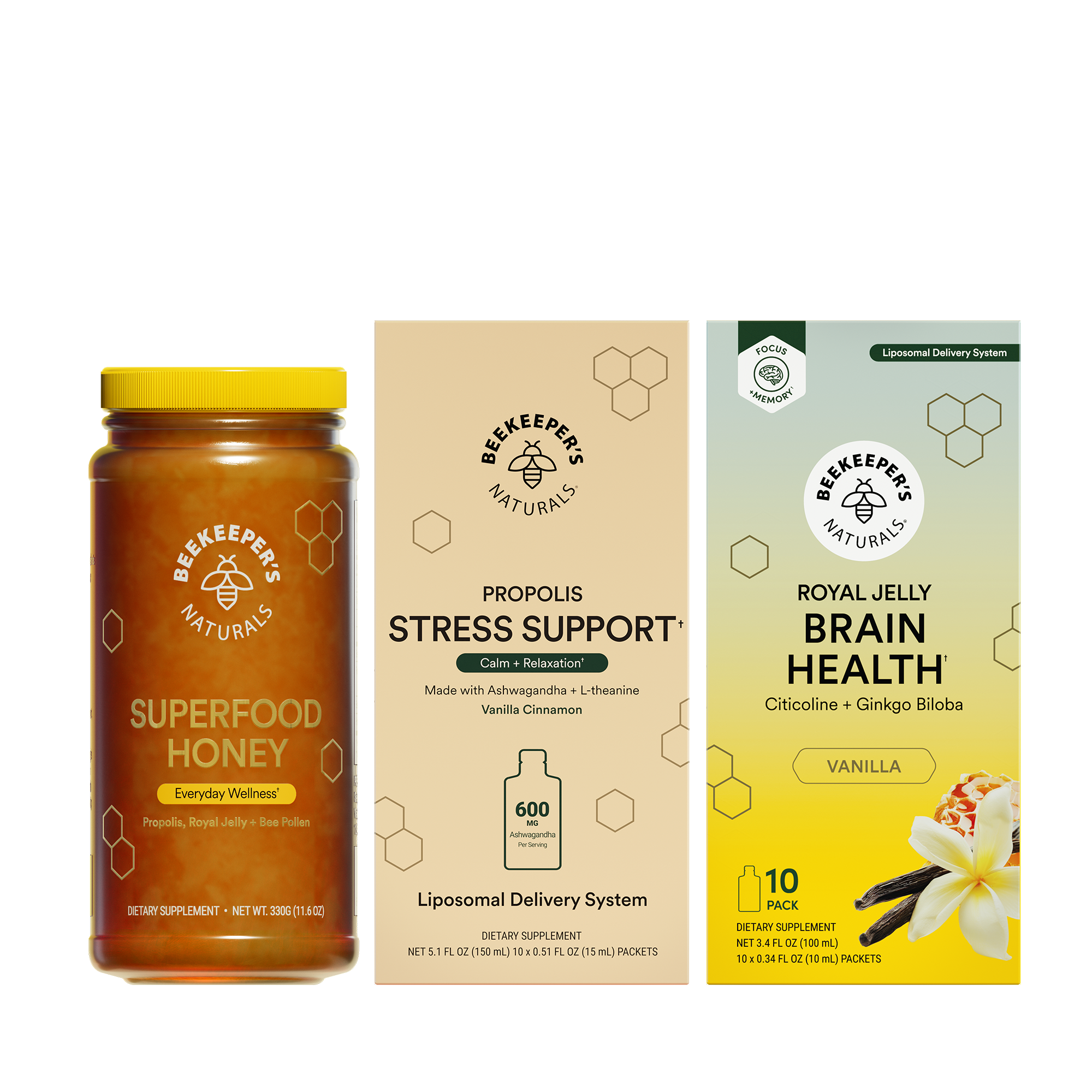 Superfood honey jar and two supplement packages on a white background