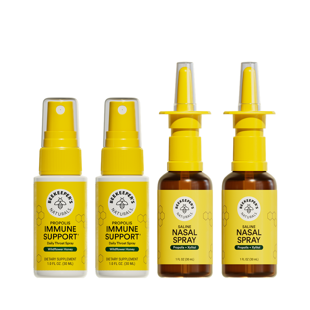 Four bottles of Beekeeper's Naturals immune support and nasal spray products on a white background.
