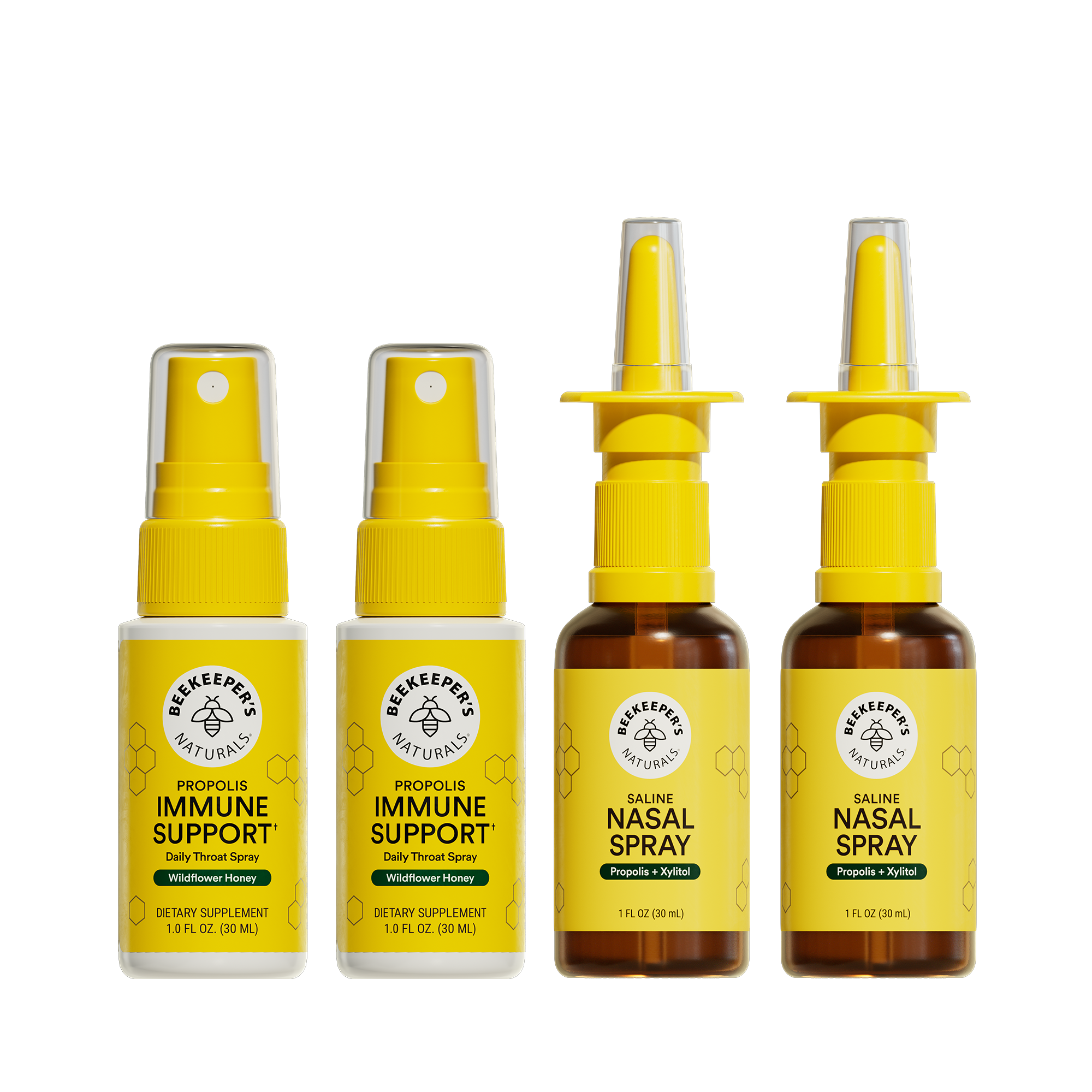 Four bottles of Beekeeper's Naturals immune support and nasal spray products on a white background.