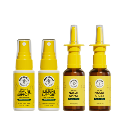 Four bottles of Beekeeper's Naturals immune support and nasal spray products on a white background.