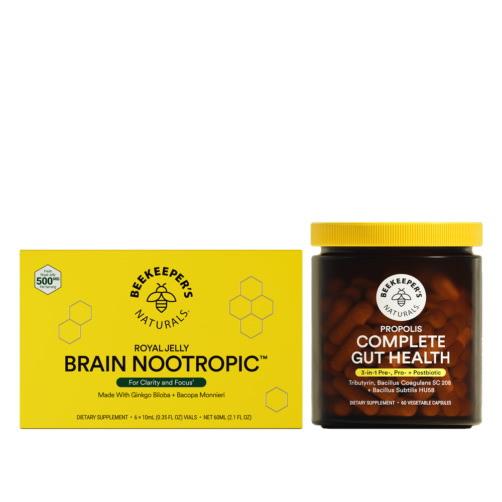 Beekeeper's Naturals Brain Nootropic supplement box and Propolis Complete Gut Health jar on a white background