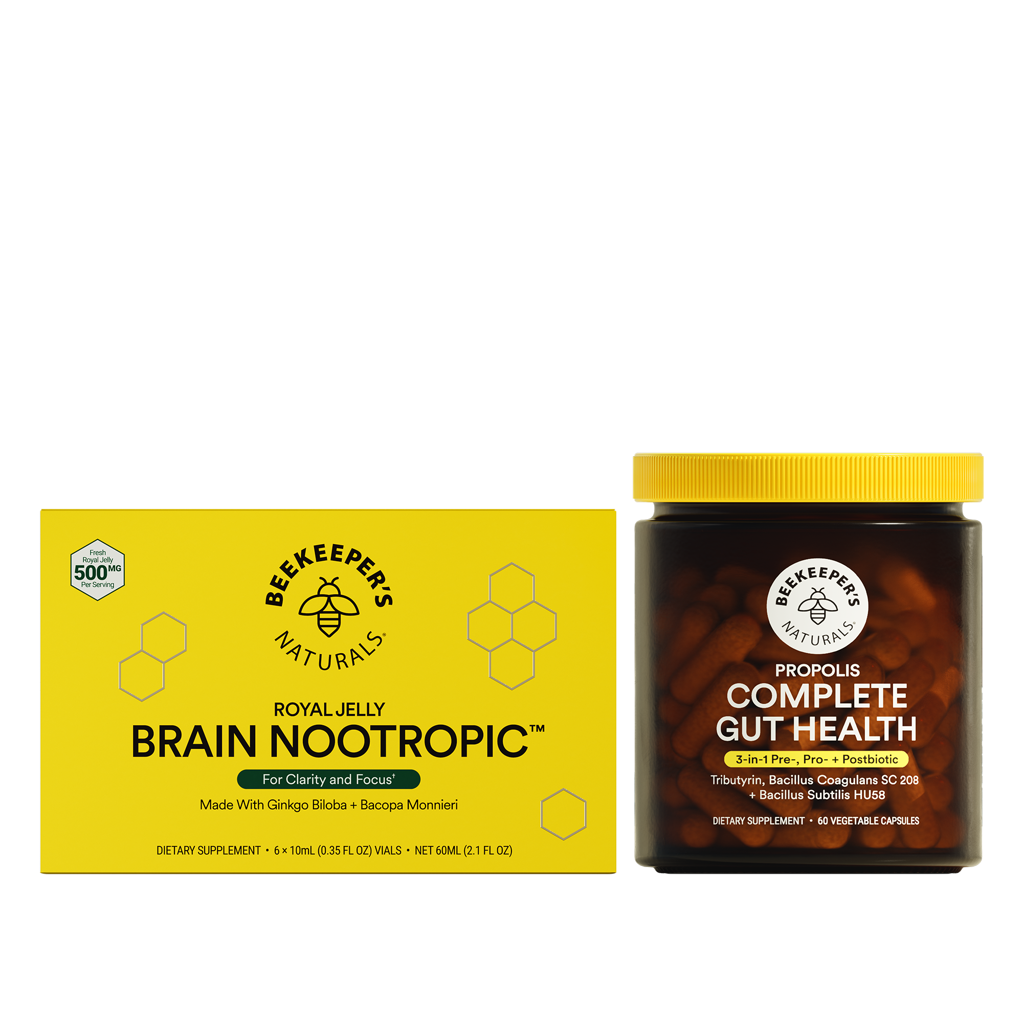 Beekeeper's Naturals Brain Nootropic supplement box and Propolis Complete Gut Health jar on a white background