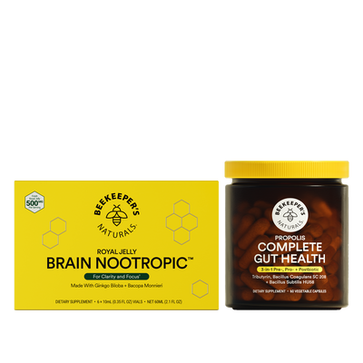 Beekeeper's Naturals Brain Nootropic supplement box and Propolis Complete Gut Health jar on a white background