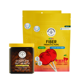 Two products from Beekeeper's Naturals: a jar labeled 'Complete Gut Health' and a package of 'Kids Fiber Prebiotic Pops' with red lollipops on a translucent background.