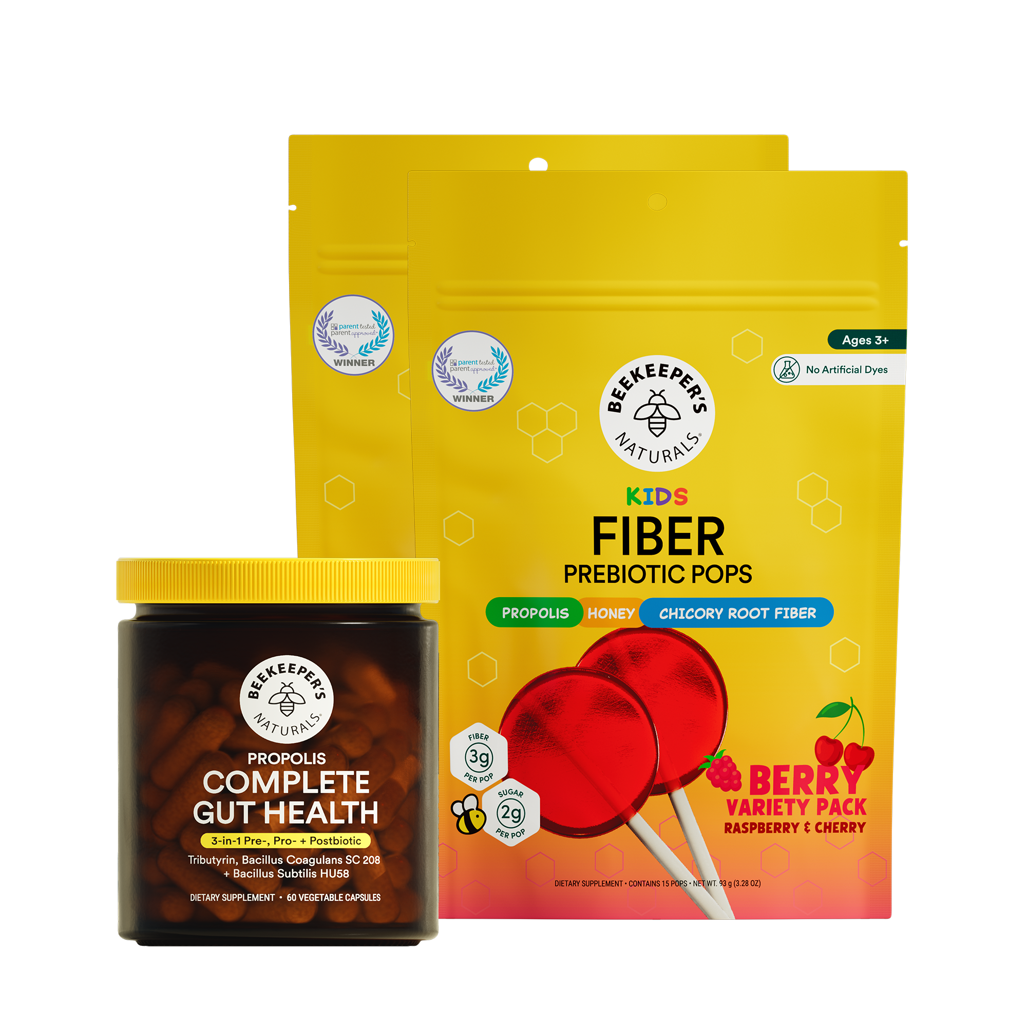 Two products from Beekeeper's Naturals: a jar labeled 'Complete Gut Health' and a package of 'Kids Fiber Prebiotic Pops' with red lollipops on a translucent background.