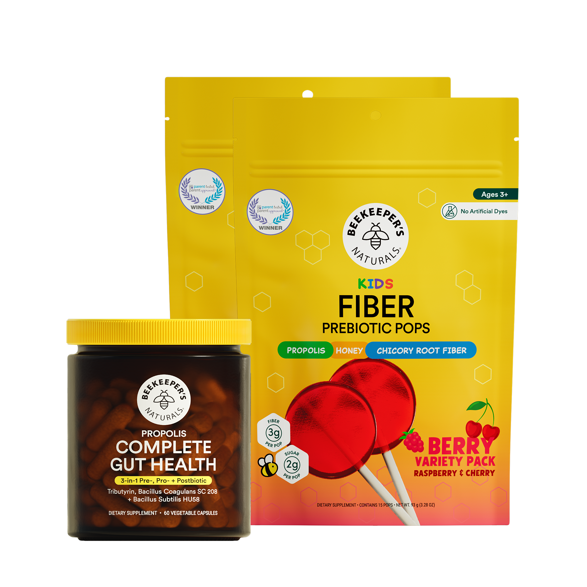 Two products from Beekeeper's Naturals: a jar labeled 'Complete Gut Health' and a package of 'Kids Fiber Prebiotic Pops' with red lollipops on a white background.