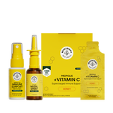 Front view of Daily Immune Bundle with throat spray, nasal spray, and propolis vitamin C packets in yellow packaging