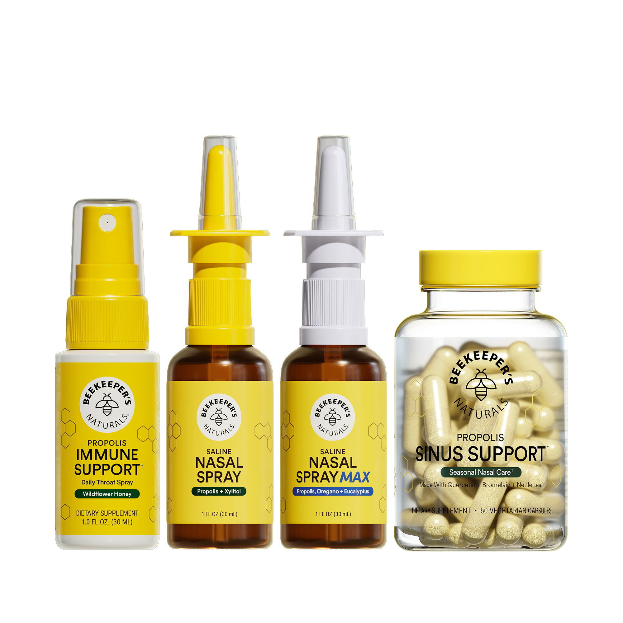 Collection of Beekeeper's Naturals health products including sprays and capsules on a translucent background